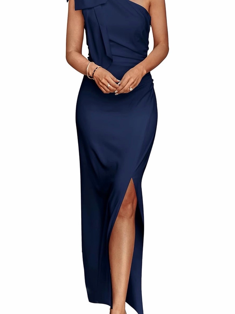 One-Shoulder Navy Evening Gown with Side Slit